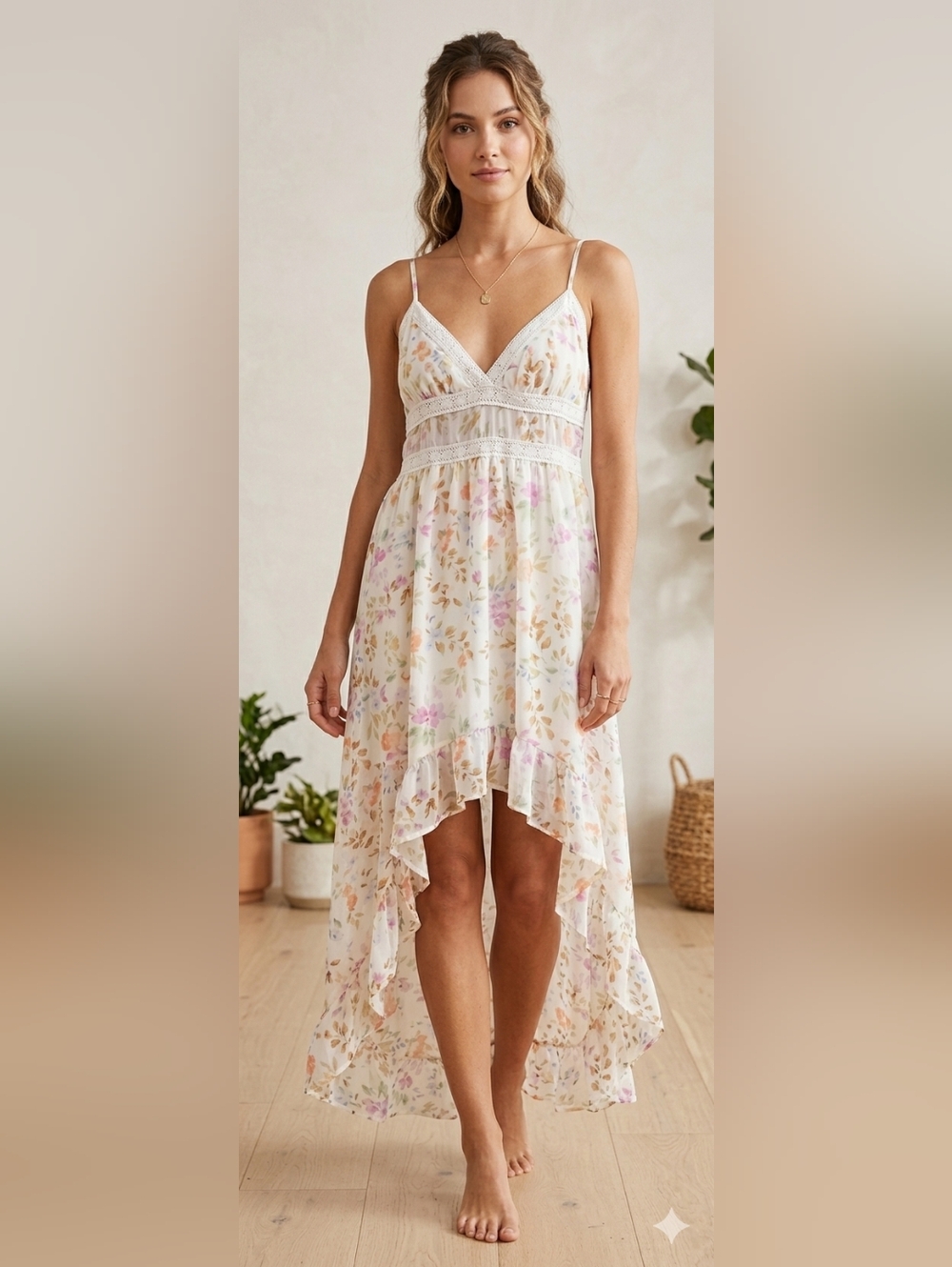 Rue 21‎ Dress Summer Sleeveless High Low Hem Ruffle Floral White Size Large